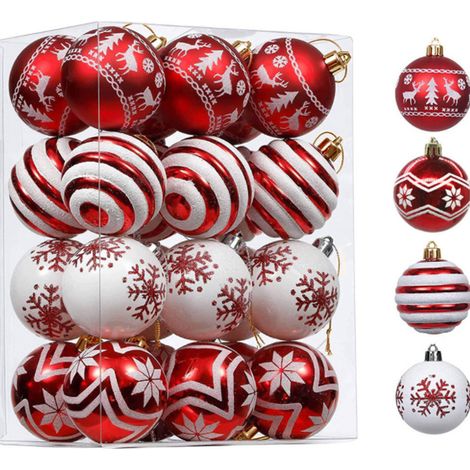 Ornements de Sapin de Noël, ensemble de 24 ornements de boules de Noël incassables rouge et blanc, ornements décoratifs suspendus de 2,36 pouces pour décorations de fêtes de Noël. (1/4)