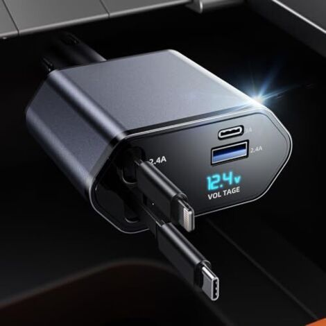 4-in-1 Car Charger with Retractable Cable – 63W Fast Charging Adapter – Retractable Cable (0.8m) – 2 USB Ports – Compatible with iPhone 15/14/13/12/11 Pro Max, G--DTEKGAZ