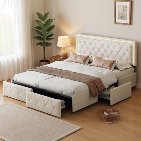 Polsterbett 140x200 cm, Doppelbett mit LED-Beleuchtung, Modernes Jugendbett mit 4 Schubladens, Bettgestell mit Kopfteil und Lattenrost, PU Beige, Ohne Matratze