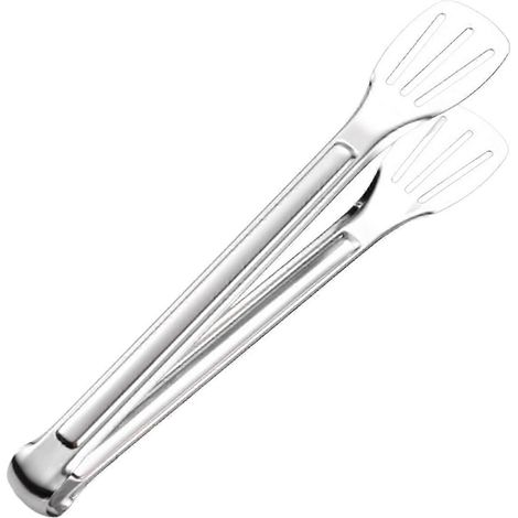 Pince de service en acier inoxydable argentée, avec poignée et tête à 3 fentes, idéale pour les grillades et les buffets. (1/5)