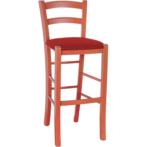 Rustikaler hoher Hocker aus orangefarbenem Holz, H 73 cm, mit rotem Kunstledersitz