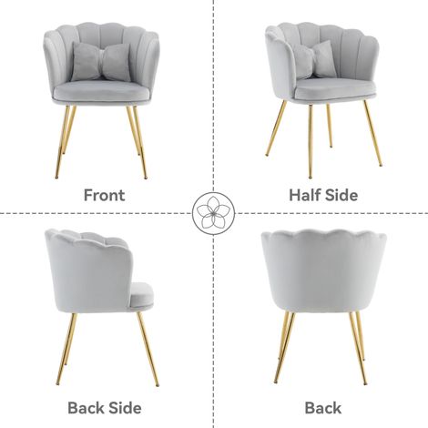 Chaise en velours gris 63 x 58 x 77 cm, dossier en forme de pétale, pieds en métal doré et patins réglables, avec coussin de soutien – de FLORAGRACE (1/5)