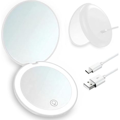 Miroir de maquillage compact lumineux avec grossissement 1X/10X rechargeable, miroir de hall portable avec variateur pour sac à main (1/4)