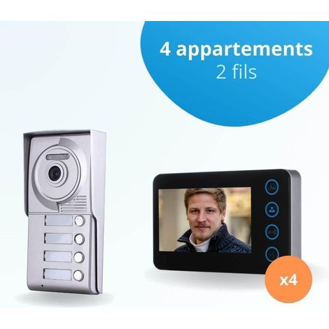 Portier interphone vidéo NEO 2 Fils - 4 appartements - 4 écrans noirs