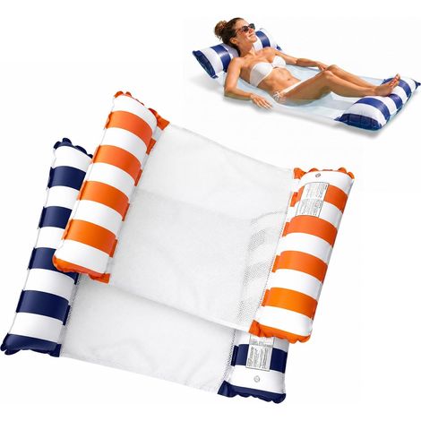 Bouee Piscine Adulte 2 Pièces, Matelas Piscine Gonflable, Hamac de Piscine 4 en 1, Matelas Filet Eau, Flotteur de Piscine Pliable pour Été Lac Plage, Bleu et Rayé (1/5)