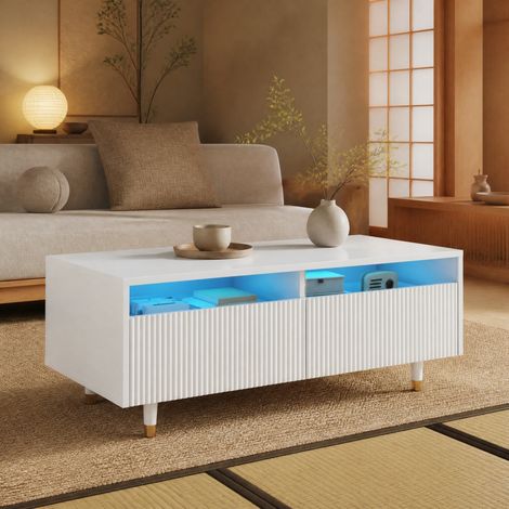 Tavolino LED 110 x 50 x 40 cm con 2 cassetti, luce multicolore, MDF bianco DESVIAE (1/5)