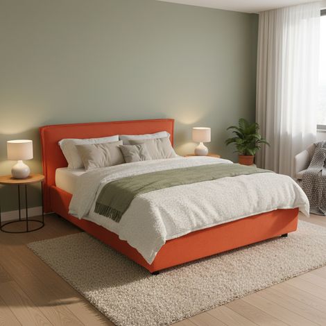 Letto Matrimoniale Brunate, Letto Matrimoniale Materasso Incluso, Sfoderabile Made in Italy, Contenitore, Arancione (1/5)