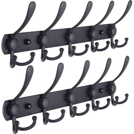 Cintre mural - 5 trois crochets, acier inoxydable résistant, cintre en métal pour penderie porte-serviettes peignoir entrée hall salle de bain (noir, pack de 2),AAFGVC (1/5)