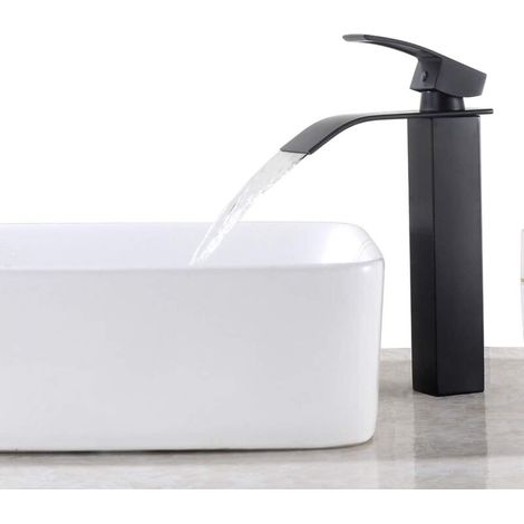 Modern Bathroom Black Basin Mixer Tap, Large Square Brass Spout for Hot and Cold Water (Height 30cm)