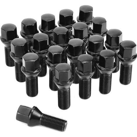 20 Pièces M14x1.5, Boulons de Roue, Diamètre 28 mm, Cône 60°, Compatible Ave 20, Noir (1/5)