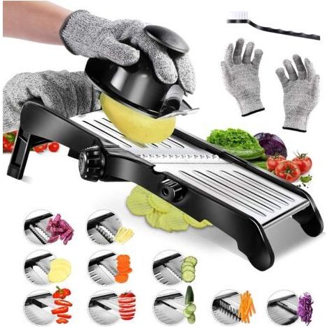 Mandoline professionnelle en inox – Lame tranchante en V – Réglable 1-9 mm – Avec gants de protection et brosse de nettoyage