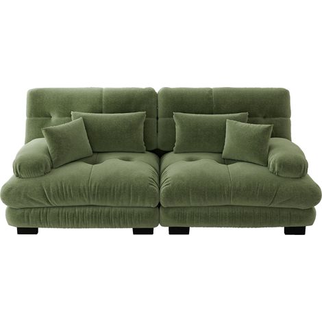 Canapé d'angle modulable en chenille verte avec cadre en bois massif et coussins déco (1/5)