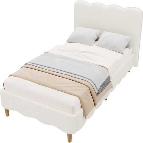 Cama infantil CHICFURN 90x200 cm de tela bouclé blanca con somier de láminas y cabecero (1/5)