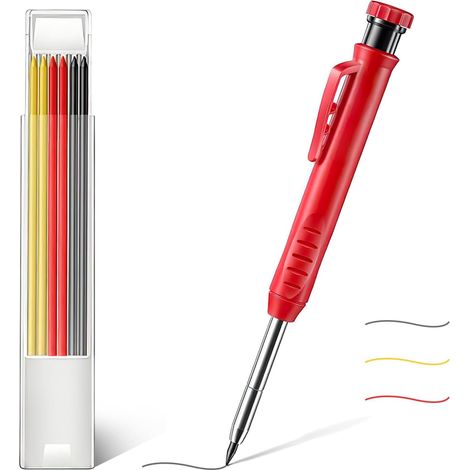 Lntyq Lot de 2 porte-mines charpentier automatiques solides avec recharges crayon pour le dessin, travail du bois plomb, Noir, Jaune, Rouge (1/5)