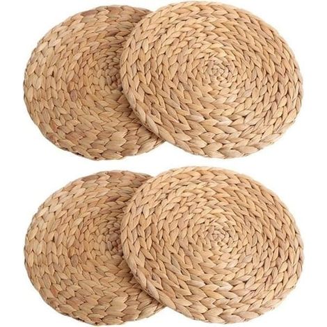 Lot de 4 sets de table ronds en rotin tressé naturel, coussin rond tressé vert (1/4)