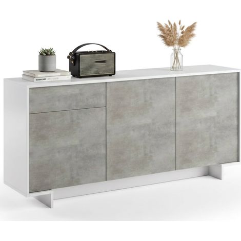 Dmora - Aparador Agrifoglio, Aparador de salón, Buffet de salón con 3 puertas y 1 cajón, 100% Made in Italy, 170x42h78 cm, Blanco y Cemento