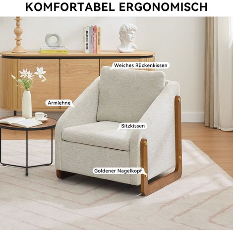 Fauteuil d'appoint moderne avec accoudoirs en bois, coussin dossier, tissu chenille beige, 73,5 x 73,5 x 73,5 cm, salon & séjour (1/4)