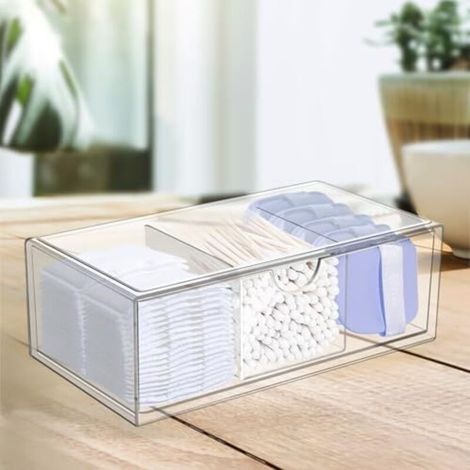 Makeup organizer with drawers, 3-compartment acrylic drawer organizer with lid, cotton swab holder, storage container for office, bathroom, dressing table (1/5)