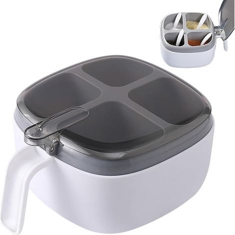 Boîte à épices avec couvercle et cuillère, 4 compartiments avec poignée, idéale pour la cuisine (sel, sucre, poivre), étanche et facile à nettoyer. (1/5)