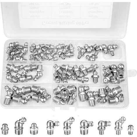 60 Pièces graisseur a visser, Assortiment Graisseur M6 M8 M10, Droit Graisse Raccord 45° 90° 180°, avec Boîte en Plastique, pour Équipement Mécanique, Embout de Graissage Fixations
