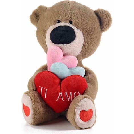 Orsetti peluche marroncini con cuori colorati rosso azzurro e rosa, con scritta Ti Amo e zampine decorate, set da 2 pezzi, In piedi: cm 20 x 15 x 33 H