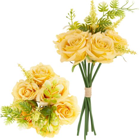 CV26932-2 MAZZO DI ROSE FIORI ARTIFICIALI 6 PEZZI BELLISSIME ROSE SPESSE IN UN MAZZO GIALLO REALISTICO