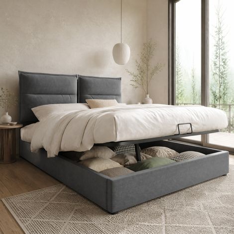 Lit coffre 140x200 velours gris avec matelas HAVRYA (1/5)