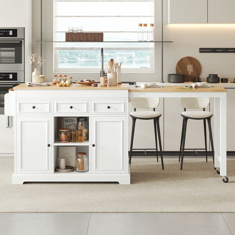 Îlot de cuisine sur roulettes, îlot de cuisine extensible avec coin repas, étagère à épices et tiroirs, îlot de cuisine mobile et autoportant, idéal pour la cuisine et la salle à manger (blanc) (1/4)