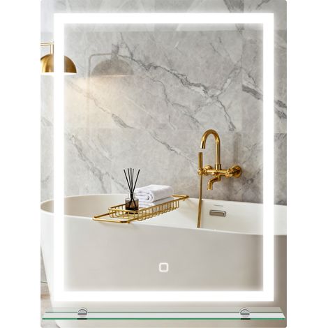 kleankin espejo de baño con luces LED, 60x80 cm, espejo de pared, 3 colores de luz, brillo regulable, estante, función de memoria, interruptor táctil