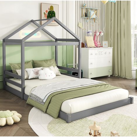 Lit enfant cabane en pin et MDF gris 140x200 cm avec sommier à lattes (1/5)