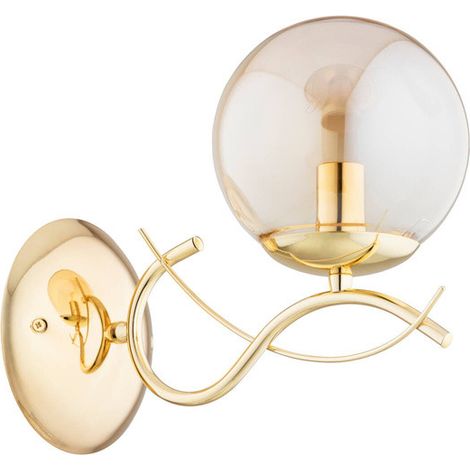 Alfa PANDA Decorative Wall Sconce Lamp, Brass Gold Metal & Amber Glass Globe, 1-Light E14 Max 10W, Indoor IP20, Dimmable, 27x15x28 cm Wall Light, for Living Room, Bedroom, Hallway