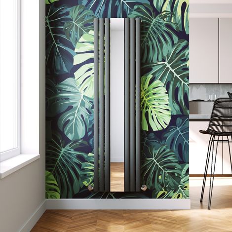 ELEGANT Vertical Column Designer Radiator Anthracite Oval Single Panel Rad 1800 x 500mm with Mirror + Angled Radiator Valves (1/5)