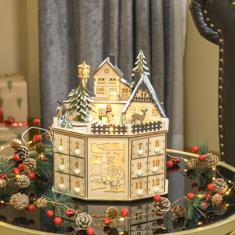 Scatola calendario dell'Avvento, decorazione natalizia, luci a LED, 24 cassetti, naturale (1/5)