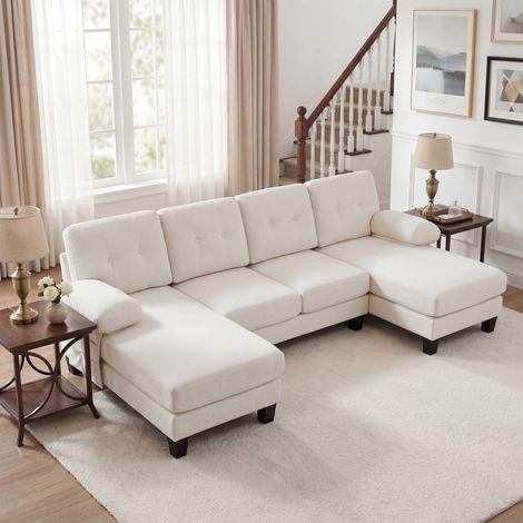 Canapé Panoramique en U 4 Places - 242x128x84cm - Modulable avec Double Méridienne & Dossier Ajustable - Chenille Beige (1/5)