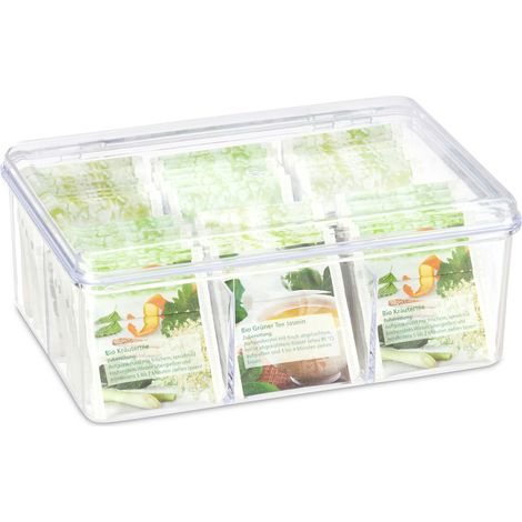 Teedose, 6 Fächer, fasst 90 Teebeutel, mit Klappdeckel, hält Aroma und Temperatur, Abmessungen (H x B x T) 9 x 21,5 x 14,5 cm, transparent.