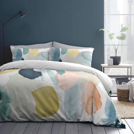 Housse de Couette Aquarelle Blanche - Lit Simple (140 x 200 cm) - 100% Coton Doux - 1 taie d'oreiller - Design réversible - Parure de lit Blanche avec Peinture Arc-en-Ciel (1/4)