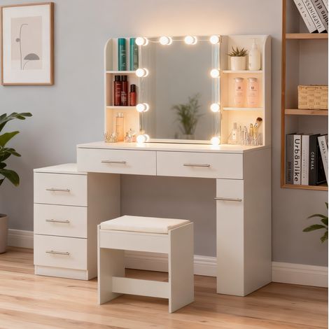 REDOM Schminktisch, Schiebespiegel mit verborgenem Stauraum, 10 LED Birnen, Hocker, MDF, Weiß (1/5)