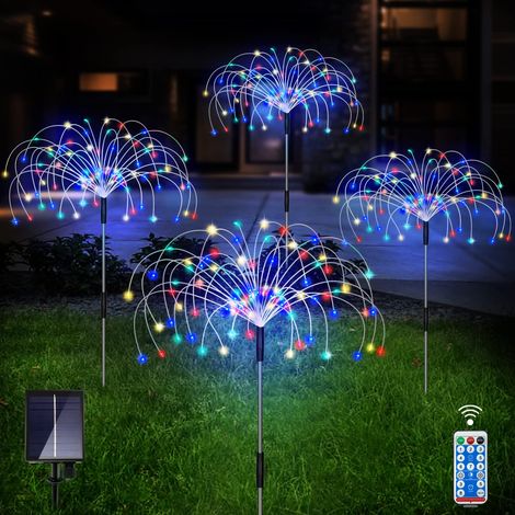 4 lampes solaires feu d'artifice 120 LED colorées télécommandées 8 modes, fil de cuivre étanche pour allée pelouse et jardin (1/5)
