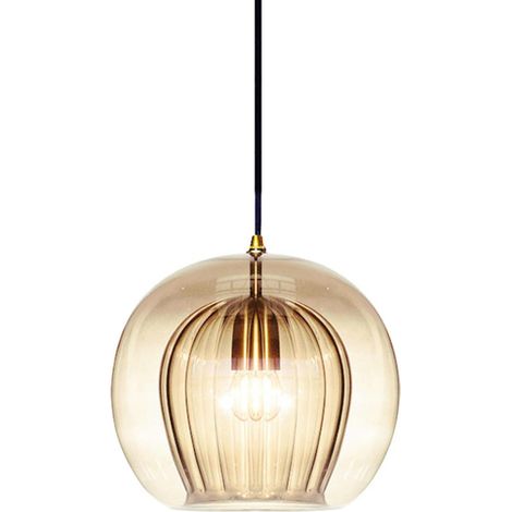 Lampe Suspension à Boule en Verre Double Couche Finition Laiton Design Rétro E27  Ambre, 25cm (1/5)
