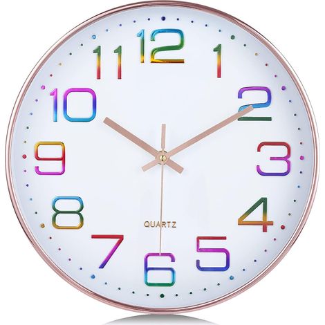 3D Multicolor Numbers Wall Clock, Modern Silent 30cm Rose Gold Wall Clock, Easy to Read Non-Ticking Decorative for Kitchen Living Room