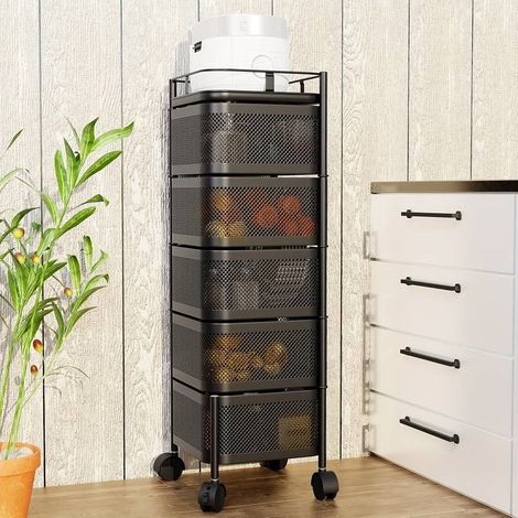 Chariot de rangement cuisine rotatif 5 niveaux sur roulettes, étagère métal noir ajouré avec couvercle supérieur, panier fruits et légumes, desserte de rangement sur pied (1/5)