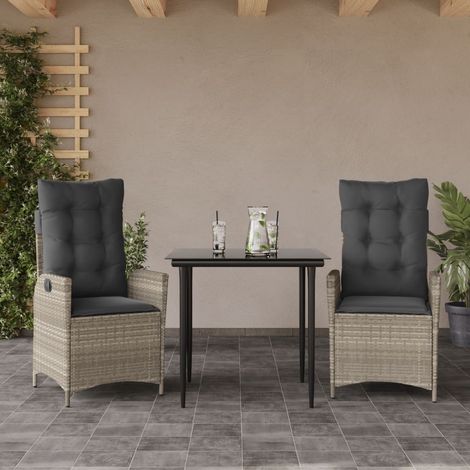 3-tlg. Garten-Essgruppe mit Kissen Hellgrau Poly Rattan