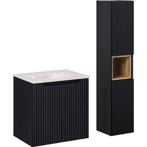 Ensemble meuble simple vasque encastrée 60cm 2 portes et colonne Riva Noir et Bois