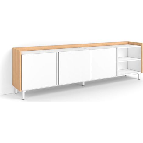 Skraut Home - Meuble TV, Banc Télé, Grand espace de Rangement, 207x35x61cm, Pour les TV jusqu'à 80", Design industriel, Style moderne, Blanc et Chêne Soft (1/5)