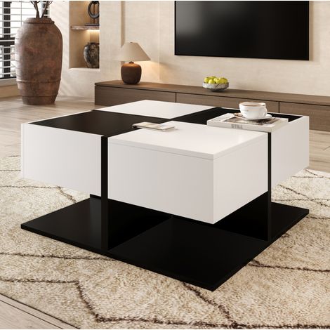 Mesa salón cuadrada con 2 cajones blanco negro moderna OKMYHOME (1/5)