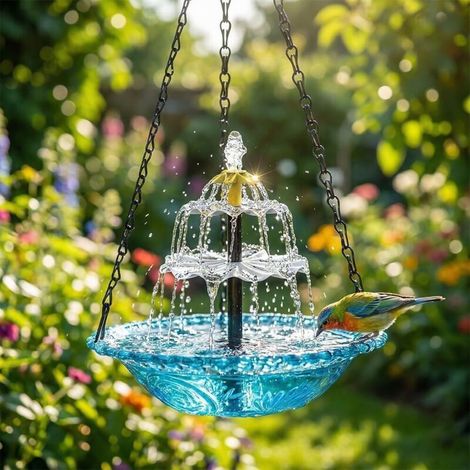 Fontaine Solaire,Fontaine Solaire Oiseaux,Abreuvoir Suspendu pour Oiseaux avec Cascade de Fontaine Solaire,Abreuvoir Suspendu pour Colibris avec Pompe Solaire,Eau Suspendue,Attire Les Colibri (Bleu)