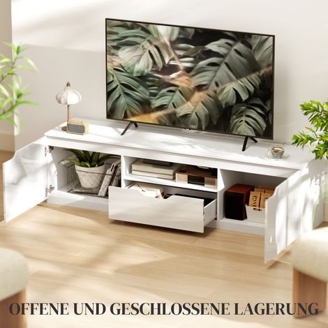 Meuble TV blanc laqué brillant, pour écran jusqu'à 65 pouces, 3 compartiments avec tiroir, 160x38x43 cm (1/5)