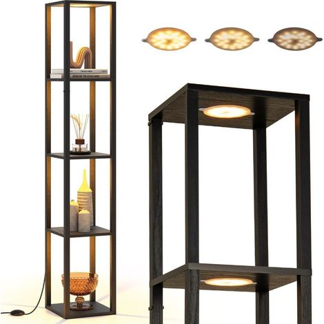 Salon, chambre ou bureau : lampe sur pied avec étagères 4 niveaux, éclairage LED réglable, finition aspect bois (1/3)