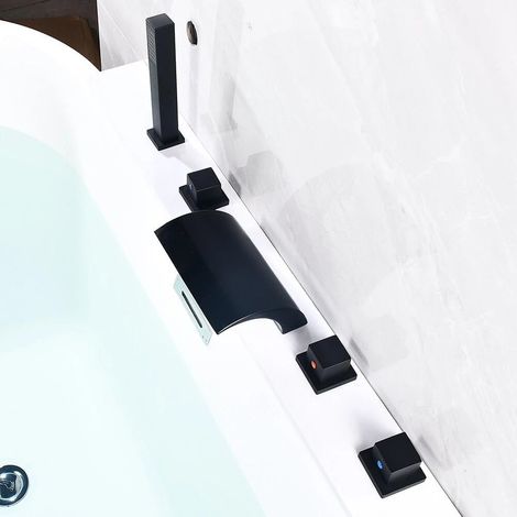 5 Loch Wasserfall Wannenrandarmatur Badewannenarmaturen Einhebelmischer Duschset,Fliesenrandarmatur für Badewanne,Schwarz