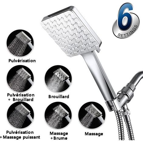 Soffione doccia con tubo flessibile da 1,5 metri, soffione quadrato universale regolabile, 6 modalità di getto. (1/4)